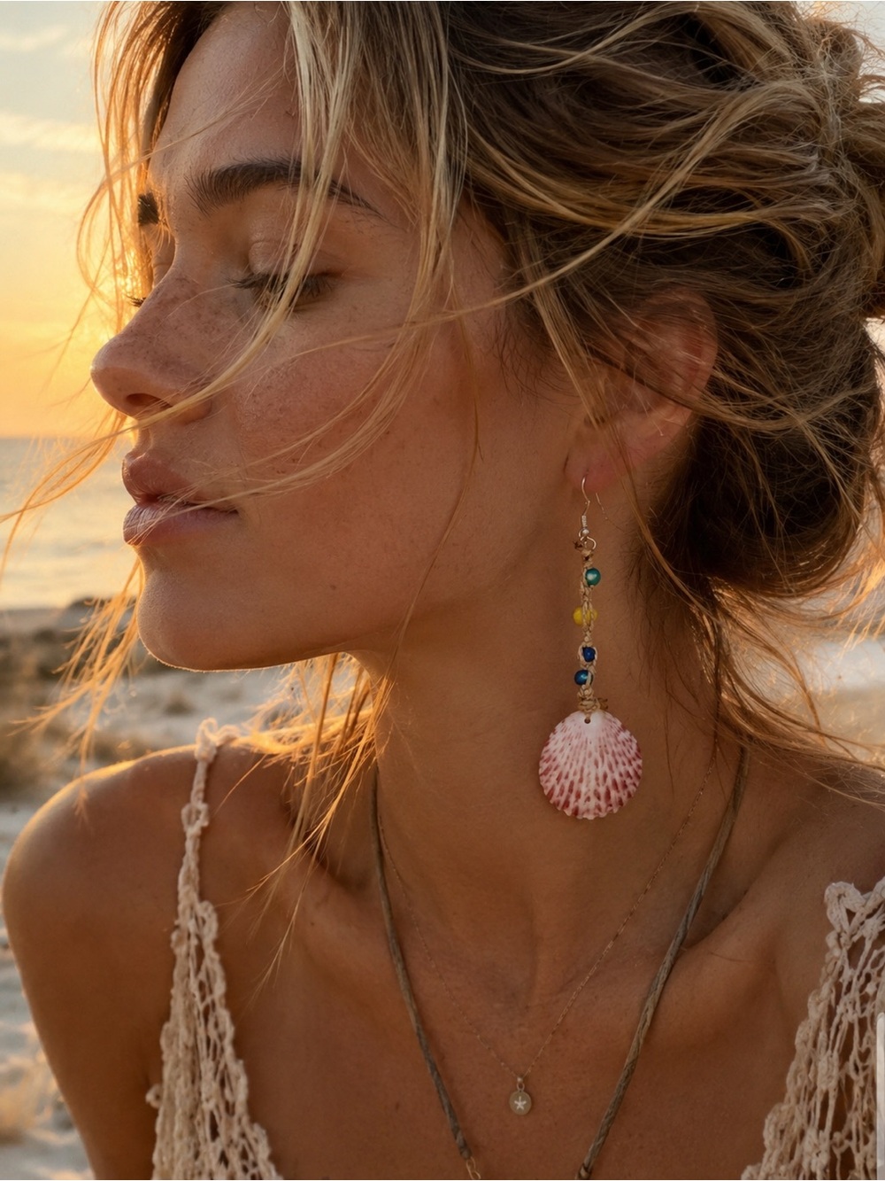 Bohemian Calico Scallop Pink Shell Drop Beaded Hemp Ciara Earrings ~ Handmade